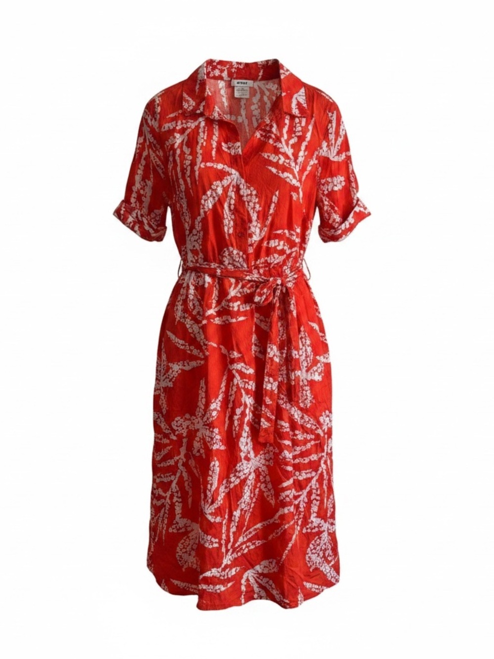 DKNY Orange & White Abstract Print Belted Midi Shirt Dress Size 14